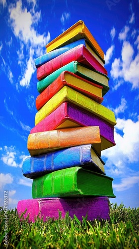 Stack of colorful books against blue sky