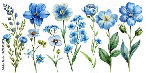Watercolor illustration of various blue flowers with green leaves on white background