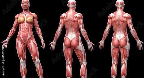 Anatomy Illustration of Female Muscular System Front and Back Views
