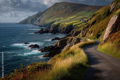 Coastal road winds along a dramatic cliffside, offering breathtaking ocean views. Serene landscape.