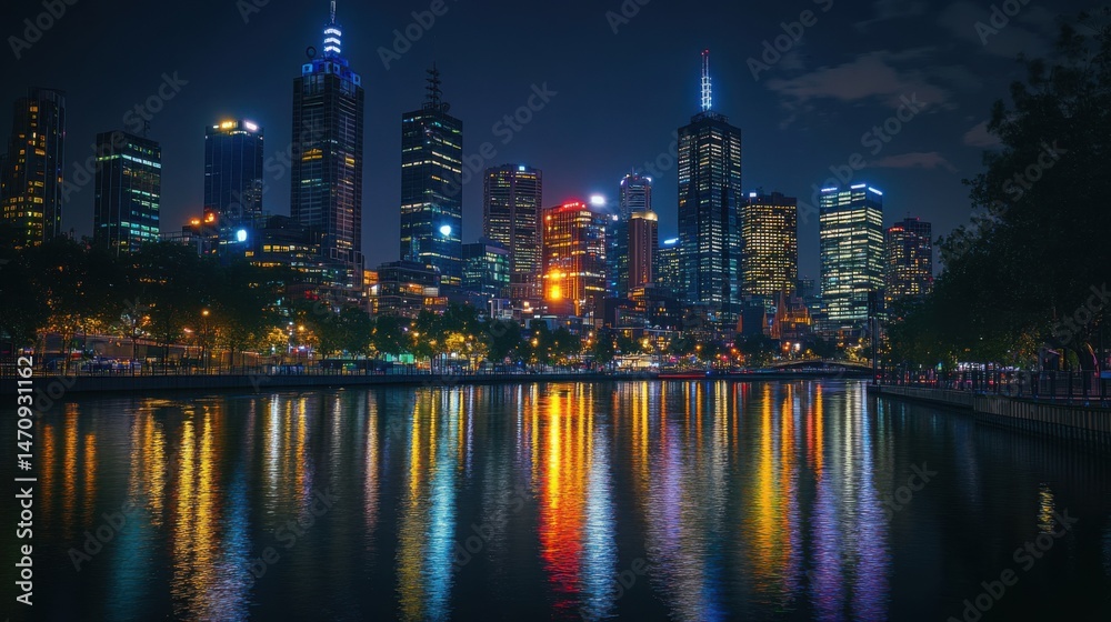 Obraz premium City Skyline at Night Reflected in River Water