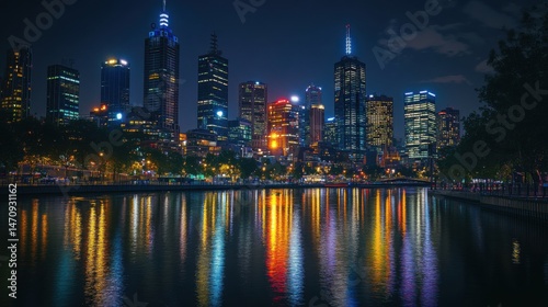 City Skyline at Night Reflected in River Water
