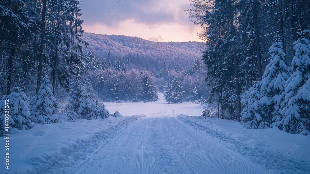Snowy winter road through a frosted forest Snowy winter road through a frosted forest