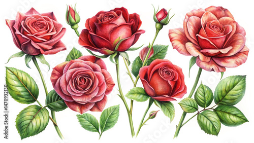 Watercolor painting of several red and pink roses with green leaves on white background