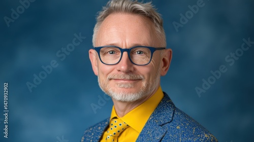 Smiling middle-aged man with glasses, wearing bright yellow shirt and blue blazer, engaging expression, ideal for profile use.