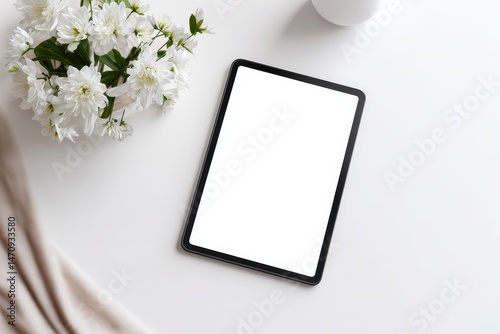 Blank tablet screen on white table with white flowers.