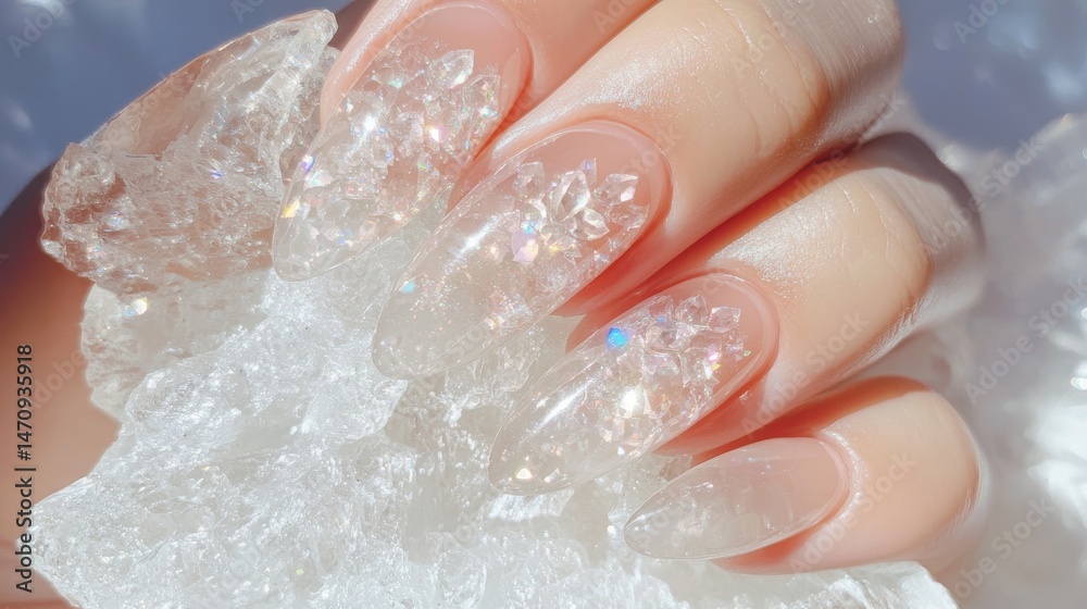 Fototapeta premium Elegant manicured nails touching sparkling crystals, soft pastel colors, highlights luxury and sophistication, perfect for beauty themes.