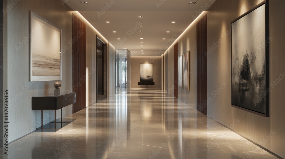 Elegant modern hallway with artwork and soft lighting ambiance Elegant modern hallway with artwork and soft lighting ambiance