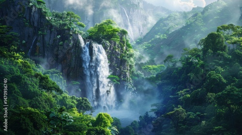 Jungle Landscape with Waterfalls and Lush Vegetation