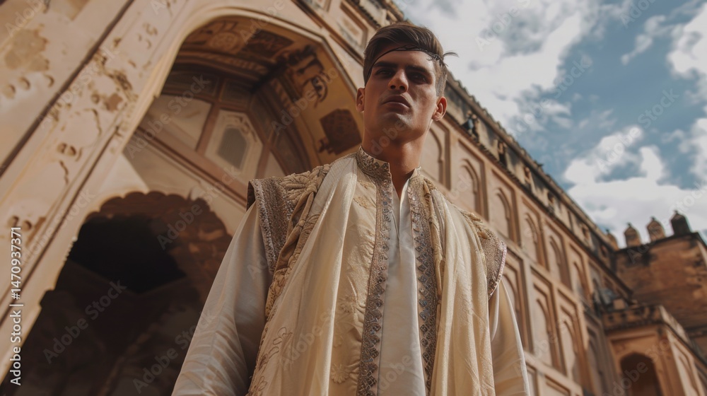 Fototapeta premium Man in Traditional Clothing in Front of Building