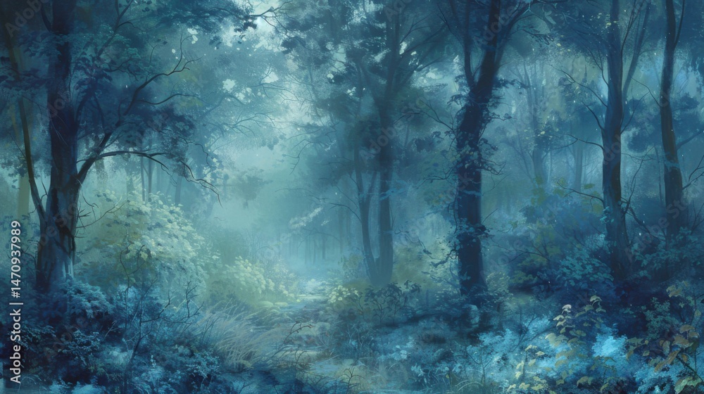 Fototapeta premium Misty Forest Landscape with Trees and Foliage