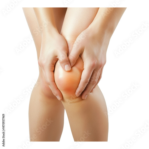 Hands Supporting a Knee Joint with Indications of Pain or Discomfort Isolated on transparent background