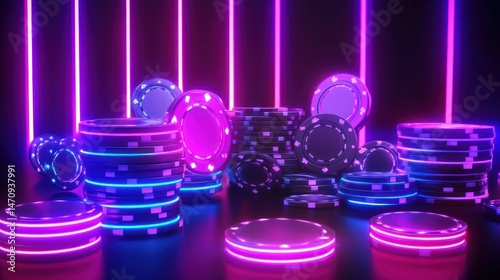 Colorful neon casino chips stacked in a vibrant gaming space