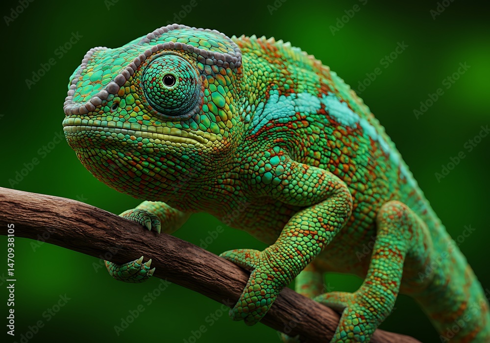 Obraz premium A colorful chameleon perched gracefully on a wooden branch