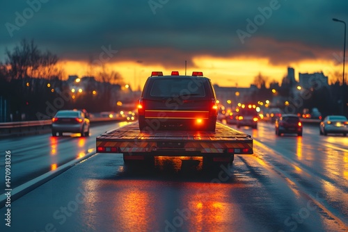 Tow truck transporting vehicle on highway at sunset with city lights and wet road reflections