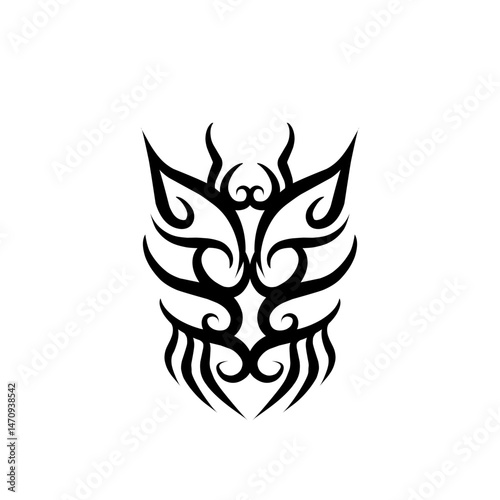 Intricate tribal butterfly design with elegant curves and sharp edges on a plain white background