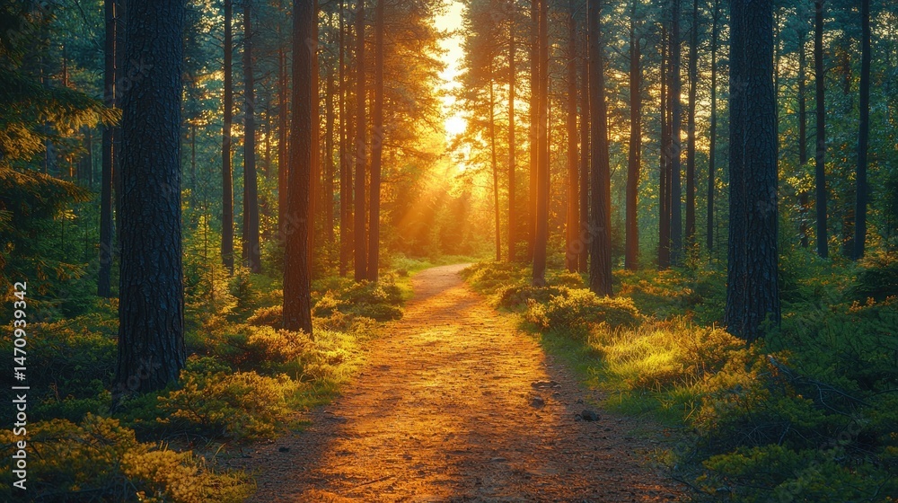 Fototapeta premium Golden sunlight streams through a forest path