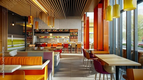 A vibrant and modern fast food restaurant interior, featuring bright colors and contemporary design elements.