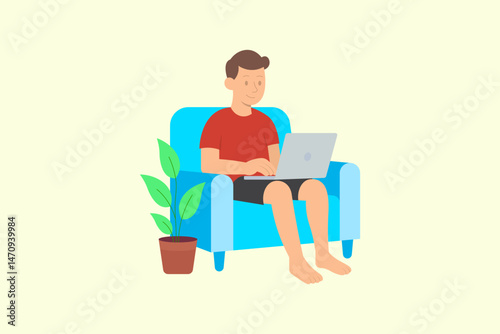 Flat illustration of a man working remotely on laptop while sitting on blue sofa with indoor plant home office concept
