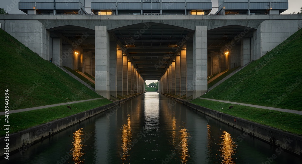 Obraz premium Canal Runs Under Concrete Structure with Lighting Reflections