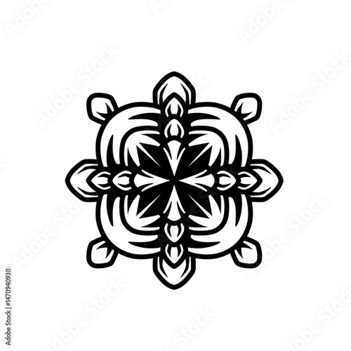 Intricate black and white floral mandala design featuring symmetrical leaves and petals