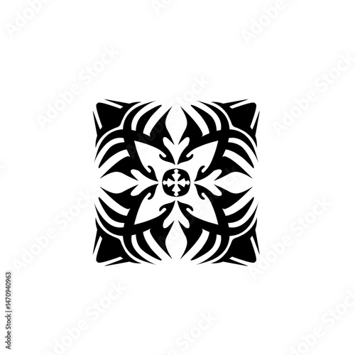 Intricate black and white floral design with symmetrical patterns on a plain background