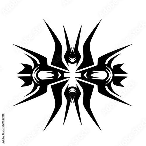 Abstract tribal design featuring sharp angles and symmetrical patterns on a white background