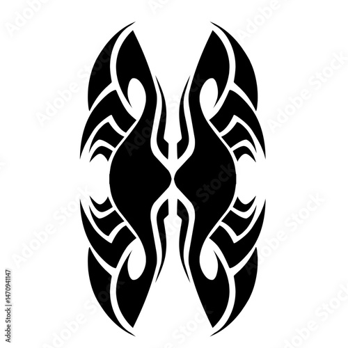 Abstract tribal design featuring symmetrical shapes and curves, ideal for tattoos or graphic art