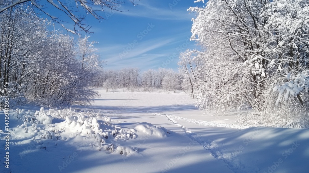 Fototapeta premium Snow-Covered Trees and Field under Blue Sky