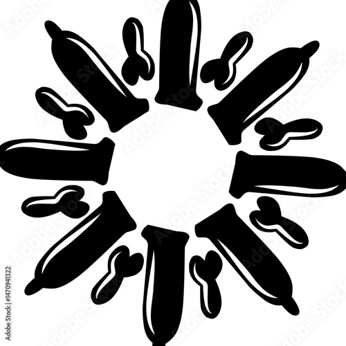 A playful arrangement of black condoms in a circular pattern on a white background, symbolizing safety