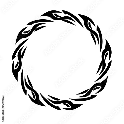 Intricate black tribal circle design featuring sharp, flowing patterns on a white background