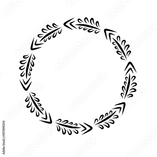 Decorative circular pattern featuring stylized leaves and arrows, suitable for graphic design projects