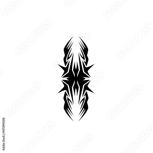 Abstract black and white tribal design with sharp, elongated shapes on a plain white background