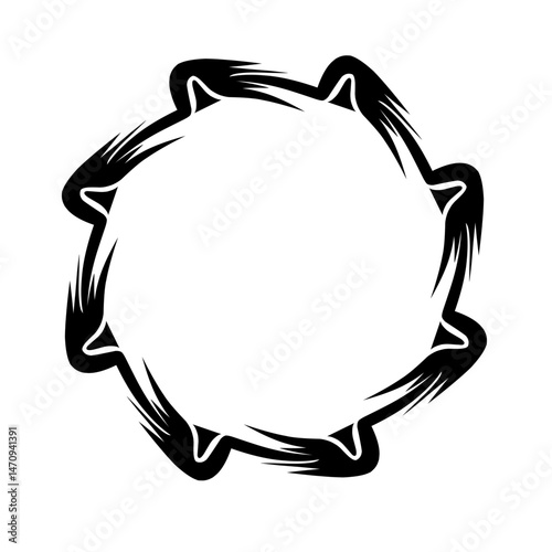 Abstract black circular design with sharp edges, symbolizing energy and movement on a white background