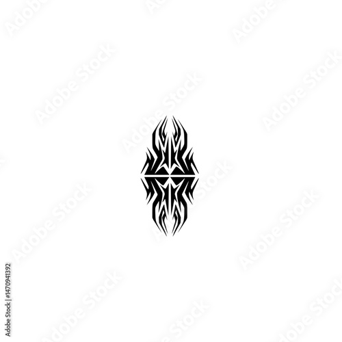 Abstract tribal design featuring sharp, angular shapes with a symmetrical pattern on a white background