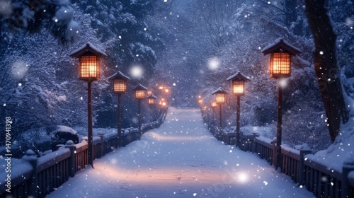 Snowy Bridge with Lanterns in Winter Forest