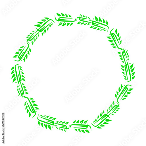 Circular arrangement of vibrant green leaves creating a natural frame against a white background