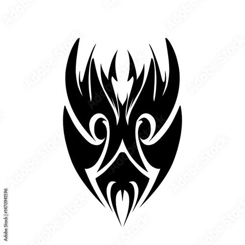 Abstract black tribal design featuring swirling patterns and sharp edges on a white background