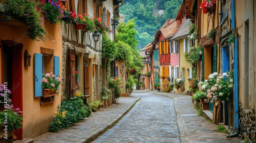 Fototapeta premium Street View of Colorful Buildings in Rural Village