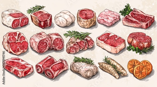 Various cuts of meat and vegetables in a detailed illustration.