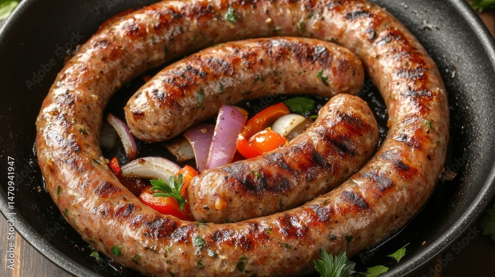 Spiral sausage cooked in a dark pan with vegetables.