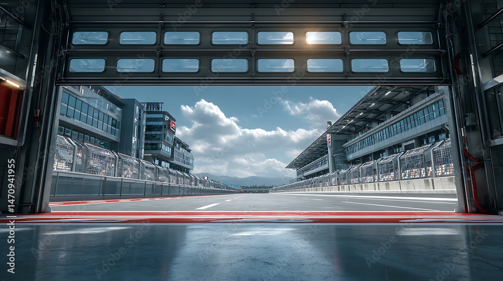 Naklejka premium Race Track Garage Open Sunny Day Pit Stop.