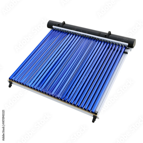 Modern solar collector design with multiple blue tubes for energy capture Isolated on transparent background