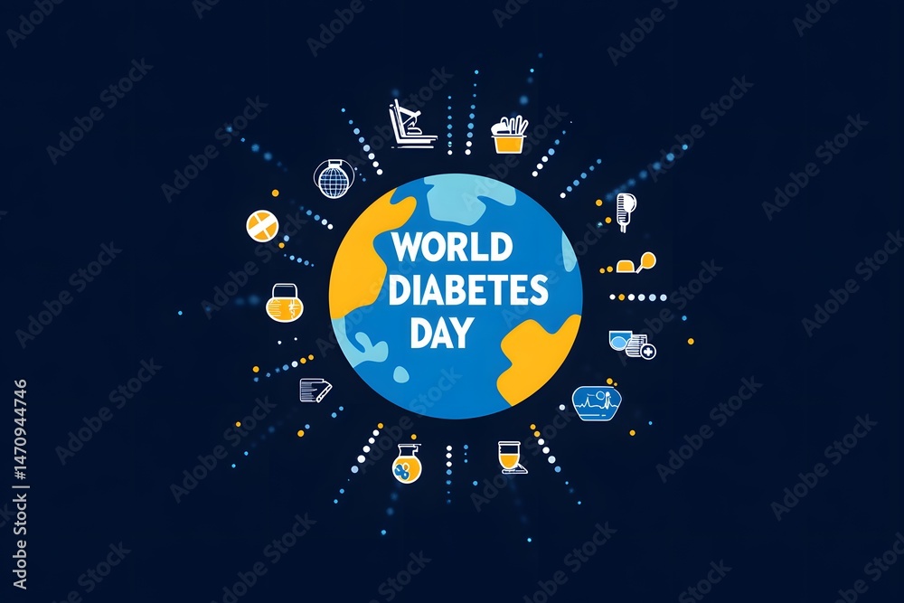 Naklejka premium Illustration of world diabetes day with global icons on a dark blue background