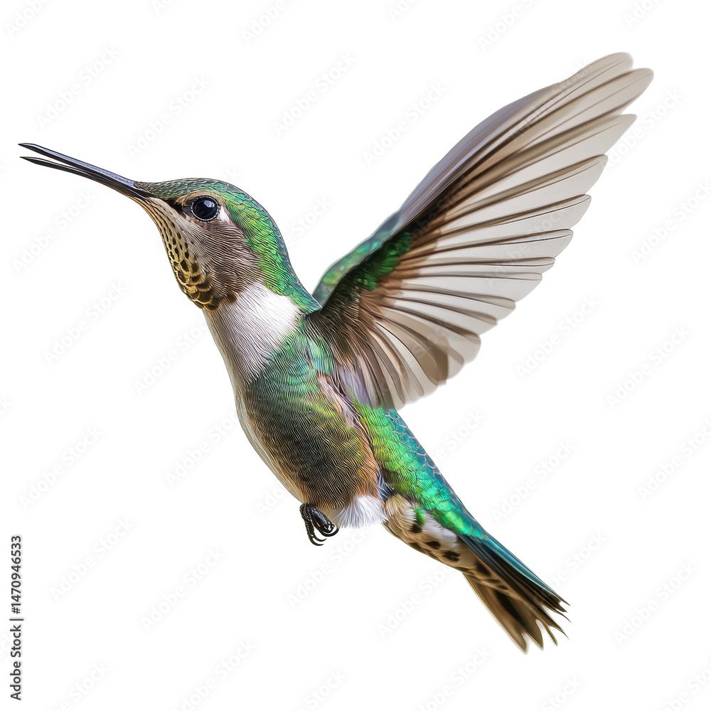 Fototapeta premium A vibrant hummingbird in mid-flight, showcasing iridescent feathers and delicate wings. transparent background