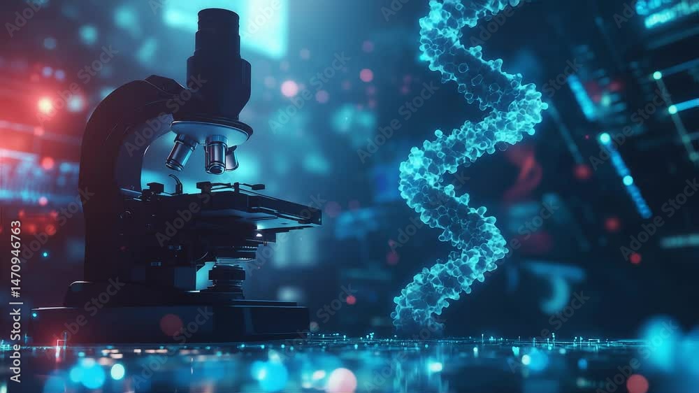 Digitally animated DNA strand in a high-tech virtual lab space