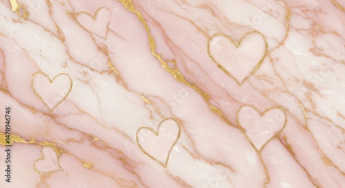 Pink marble background with golden heart designs.
