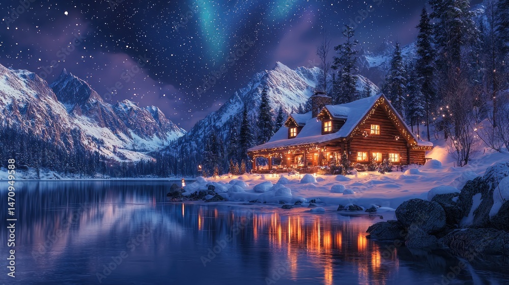 Fototapeta premium Snowy mountain cabin by a serene lake under a starry night