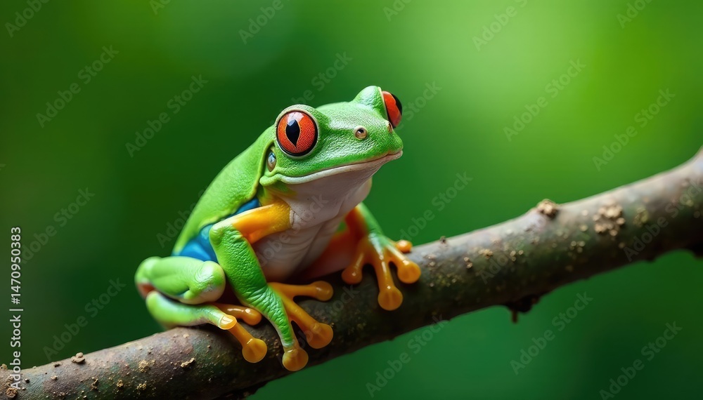 Naklejka premium Green tree frog perched on white, vibrant details, tropical, creature, rainforest