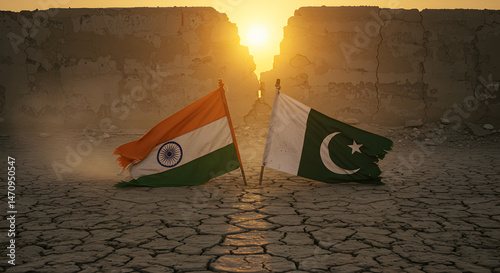 Flags Displayed on Cracked Earth at Sunrise